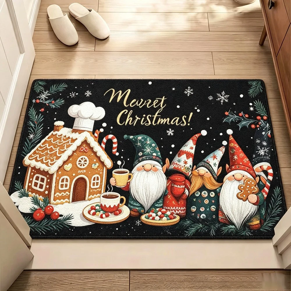 Gnome Christmas Door Mat Black Background Snowflake Tree Decor Non Slip Indoor Outdoor Rug For Winter Holiday Entryway Decor