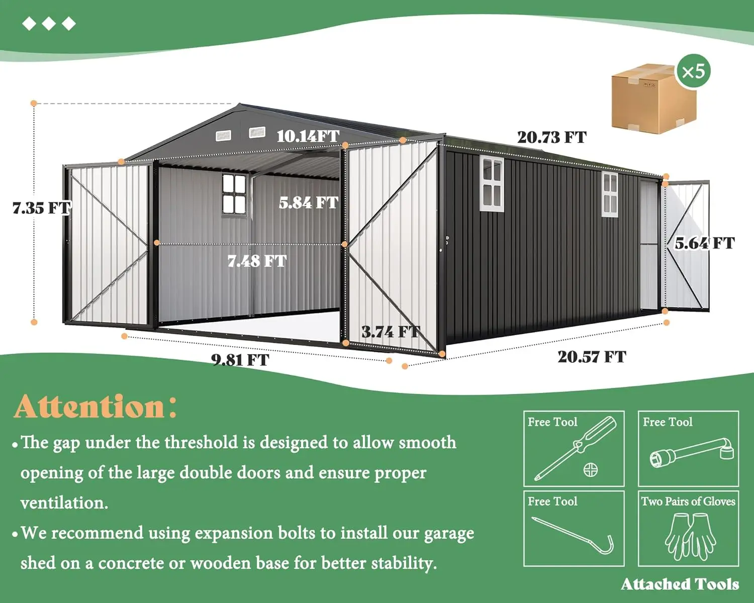 سقيفة جراج معدنية خارجية مقاس 10 × 21 × 7.3 قدم، سقيفة تخزين كبيرة جدًا مع أبواب بمفصلات مزدوجة و4 نوافذ، مرآب للسيارة، متوسطة الحجم #2