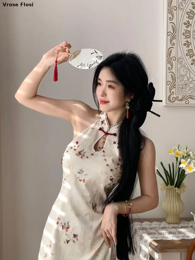 Nuovo vestito appeso al collo in stile cinese Retro miglioramento Cheongsam estate nuova stampa Slim Qipao vita che riduce i vestiti dimagranti