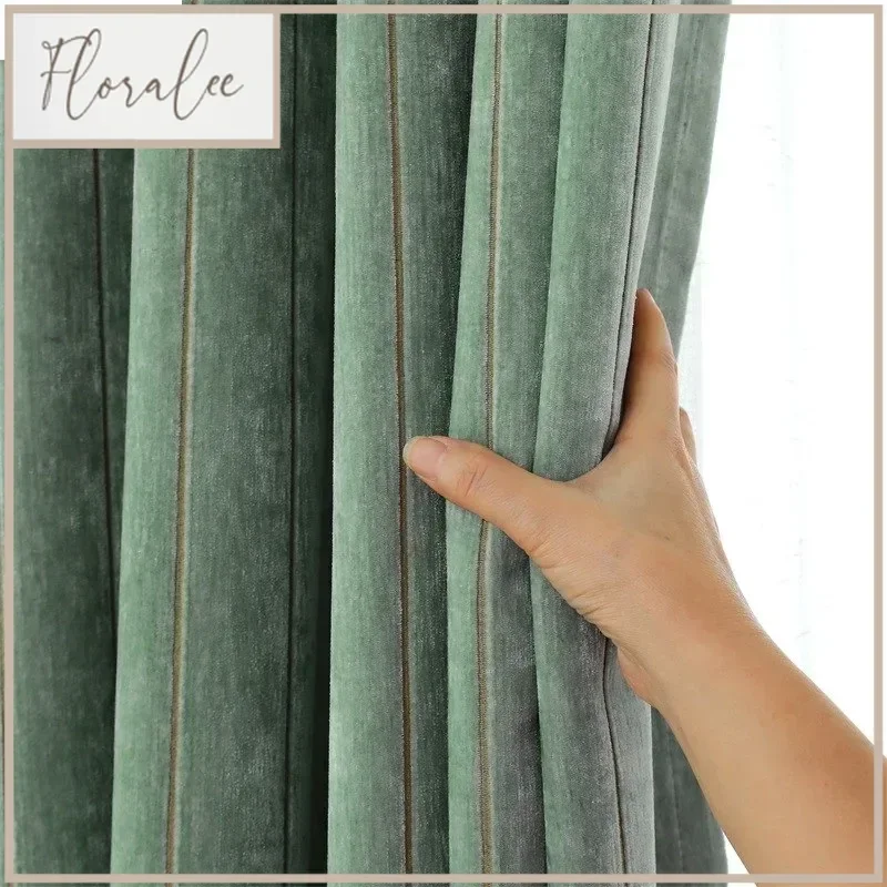 

New Thicken Chenille Blackout Curtain For Living Room Bedroom Luxury Jacquard Striped Velvet Green Heat Insulation Window Drapes