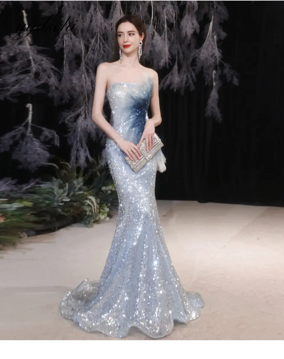 

2025 Mermaid Elegant Prom Dresses Blue Boat Neck Gradient Color Shiny Sequins With Zipper Party Prom Gown Robe De Soirée