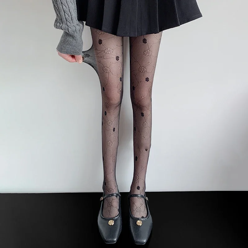 Women Floral Vine Mesh Tights Sheer Hollow Out Pantyhose Elastic Waist See Through Hosiery Daily Street Outfit Femme Fashion