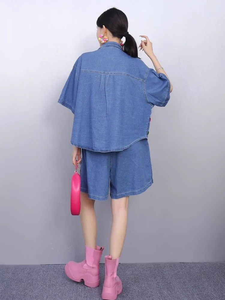 New Designer Summer Casual Loose Fit Short Sleeve Denim Jacket High Waist Wide Leg Shorts Fashion Diamonds Women Two Piece Sets