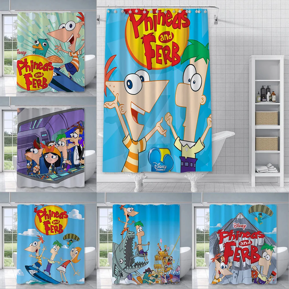 

P-Phineas and Ferb Shower Curtain Waterproof Polyester Fabric Paint Colorful Bath Curtains Home Bathroom Decor Curtain With Hook