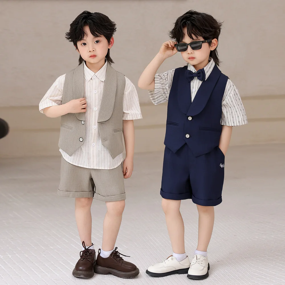 Boys' Summer Fashion British Style Suit Vest Set 1st Birthday Photography Outfit Kindergarten Graduation Performance Costume