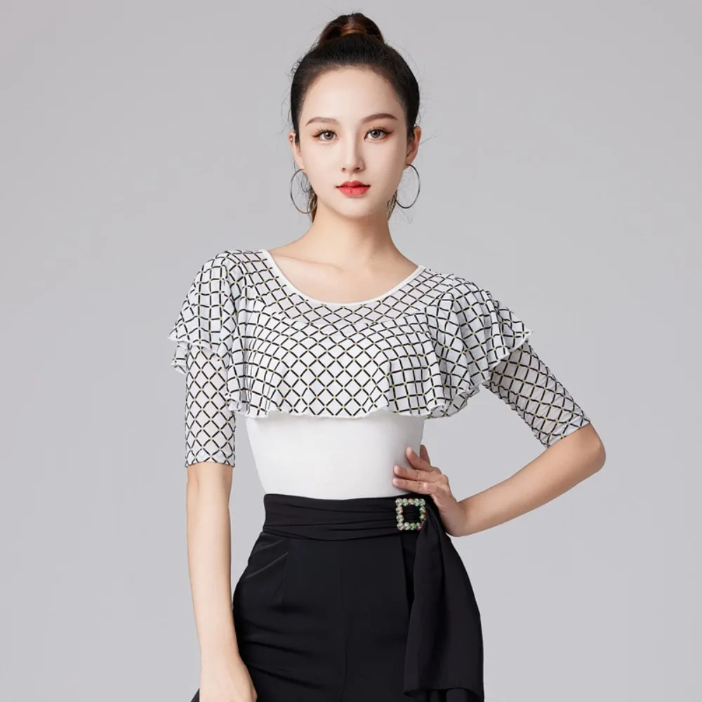 2025 Verão Novo! Top feminino de dança latina – gola redonda com babados, roupa de prática de valsa de manga 3/4 para o verão