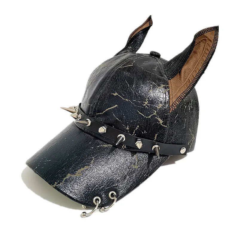 Gothic Retro Punk Rivet Long Ear Baseball Cap for Men and Women Winter PU Leather y2k Sweet Cool Spike Animal Ear Snapback Hat