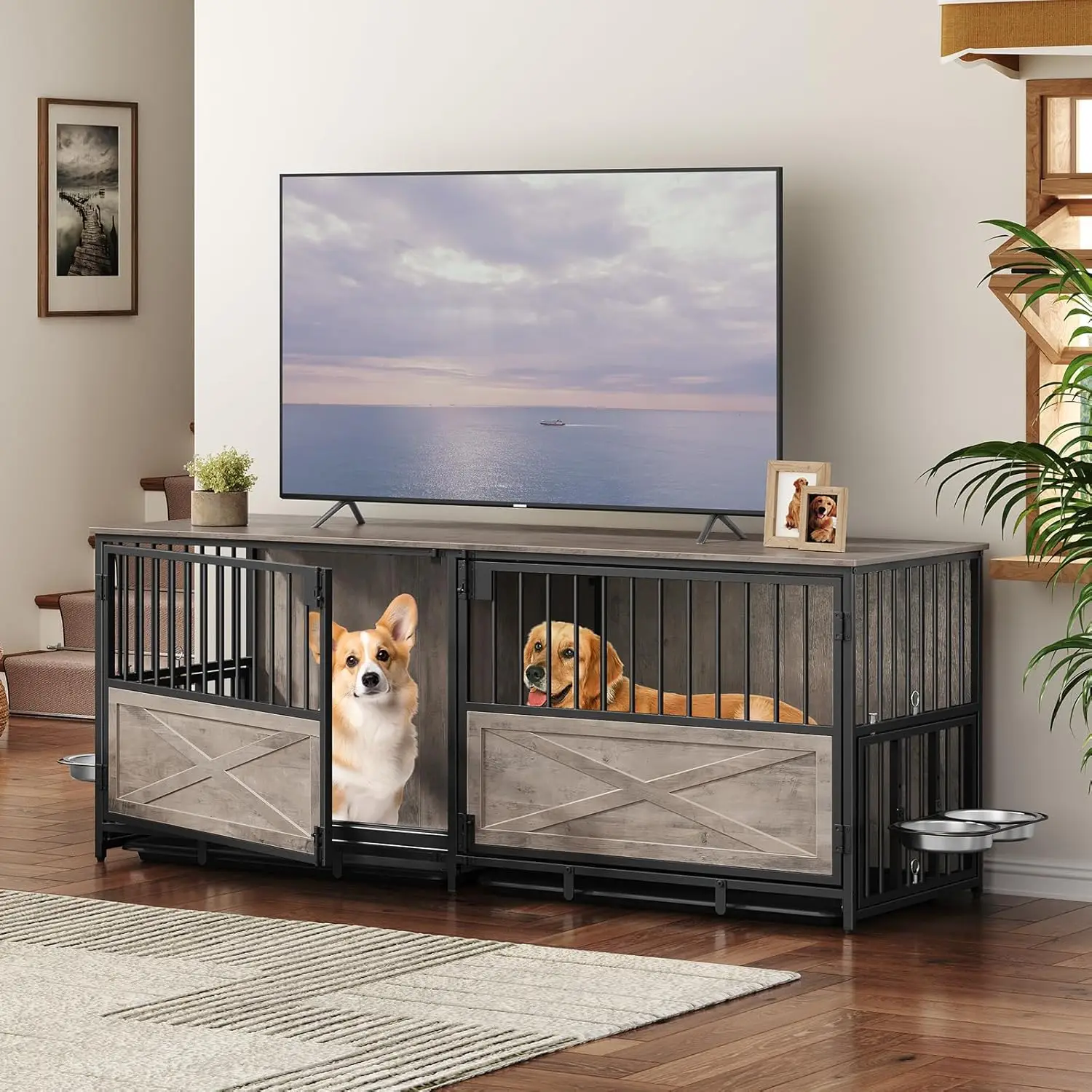

Large Dog Crate Furniture for 2 Dogs, 63.0" Dog Kennel Indoor with Divider for Small Medium Dogs, Wooden Double Dog Cage TV Stan