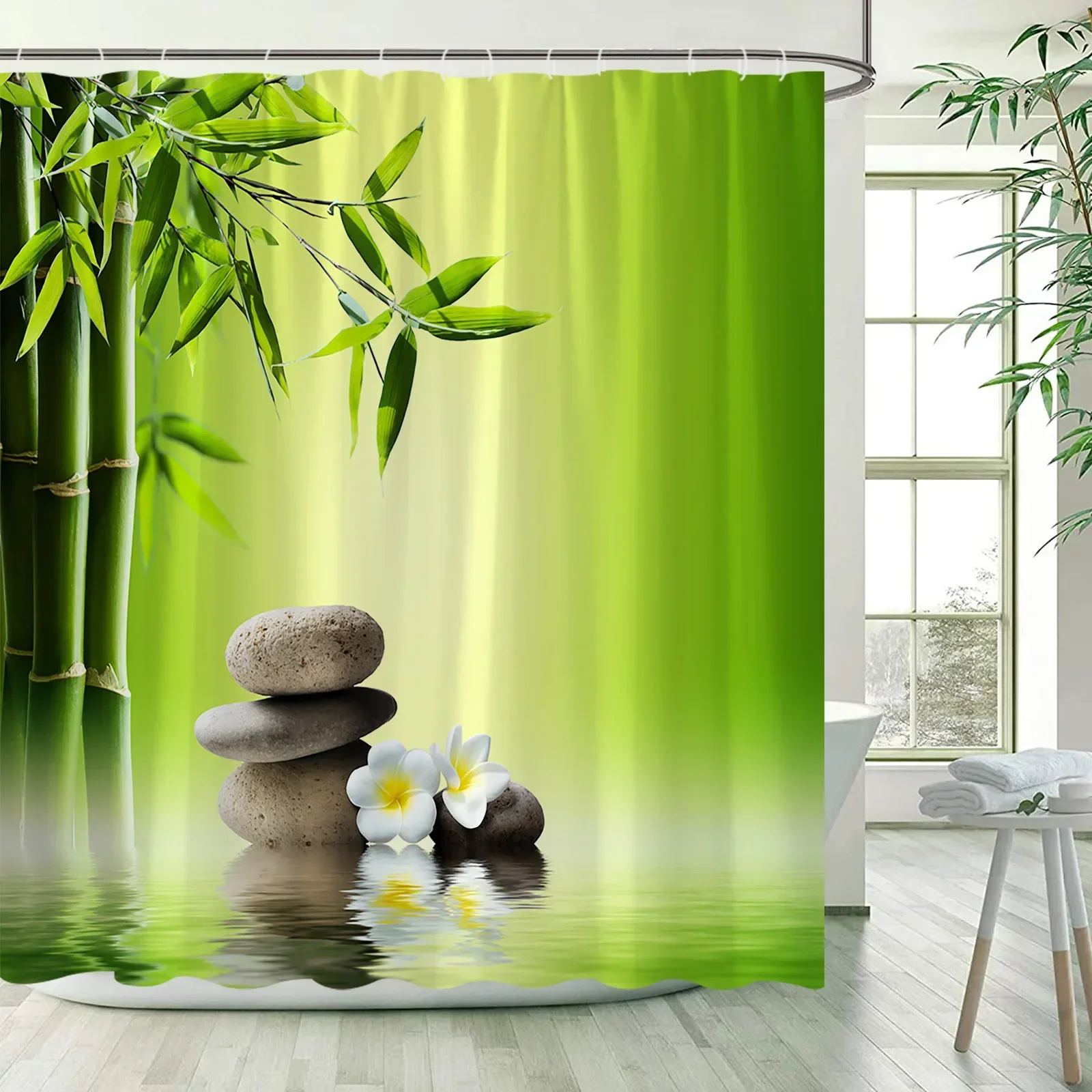 

1pc Green Bamboo Zen Shower Curtains Set, Spa Stones and Orchids Flowers Polyester Fabric Bath Curtain with Hooks Bathroom Decor