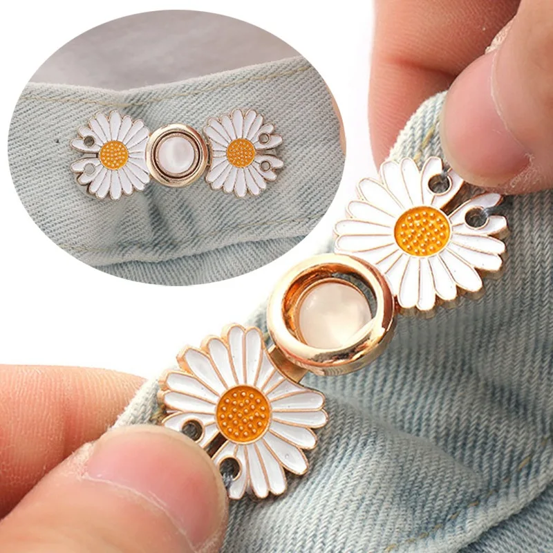 Reusable Metal Flower Buttons Pearl Snap Fastener Pants Pin Retractable Sewing-on Buckles for Jeans Fit Reduce Waist Accessories