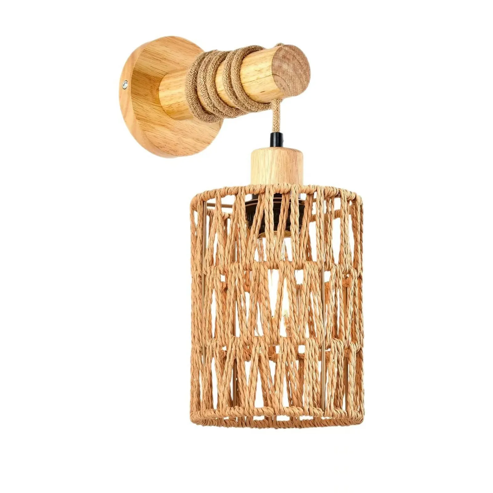 Hemp Rope Wall Sconce E27 Rattan Lampshade Cylindrical Wall Light Rustic Boho Lighting Fixture for Bedroom Hotel Home Decor