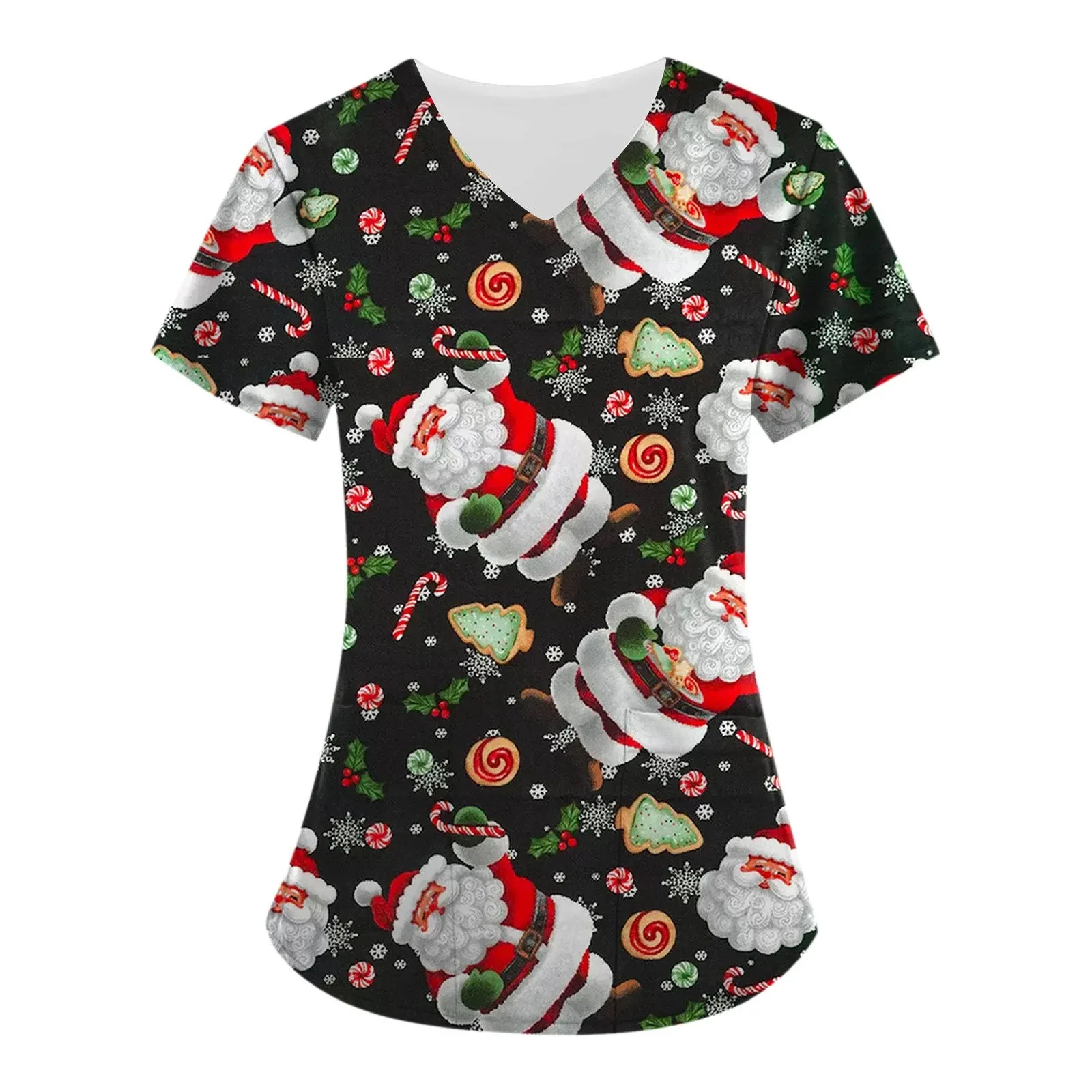 Christmas Medical Women's Uniform Cute Snowman Curable Nurse Tops Moose Printed V-Neck Short Sleeve Tee Women's Hospital Uniform