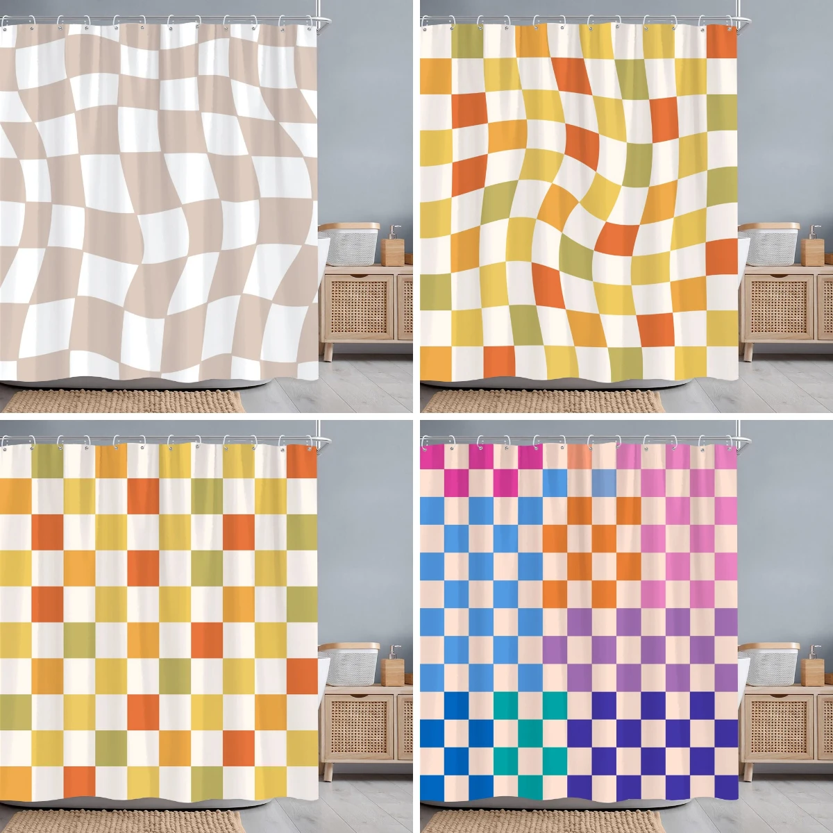 Abstract Geometric Line Square Graphic Shower Curtain Colourful Grid Polyester Fabric Shower Curtains Bathroom Decor with Hooks