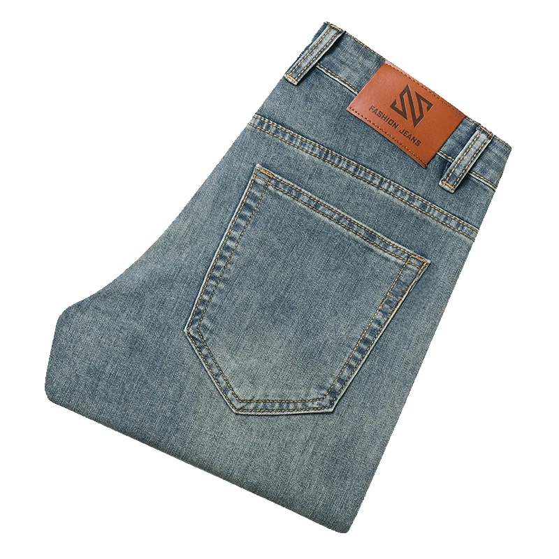 

2025 классические серые прямые деловые мужские облегающие повседневные джинсы с эластичной резинкой на талии, брюки, джинсовые брюки, брендовая одежда