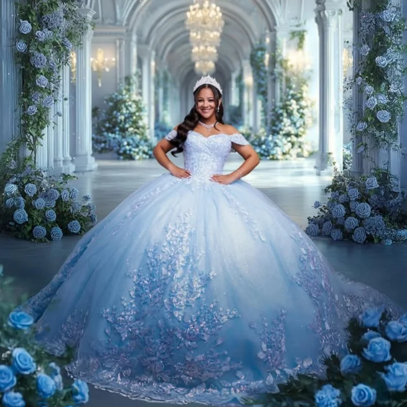 

Light Blue Quinceanera Dresses off-shoulder Decal Crystal Glitter Flower Bow Long tail Vestido De 15 Quinceanera Customize