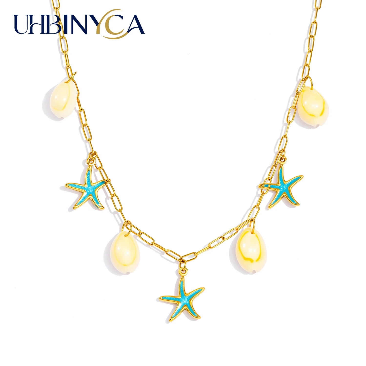 Nuevo collar de playa para mujer, colgante de concha y estrella de mar, joyería de vacaciones de acero inoxidable, regalo de resort hipoalergénico impermeable