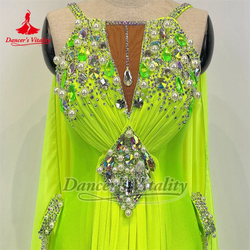 Women Social Dance Fluorescent Yellow Sleeveless Backless Luxury Dresses Customized Waltz Tango Perform Outfit Dancer's Vitality