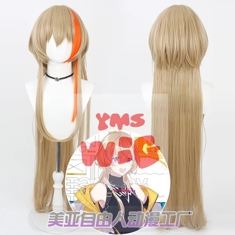 Vtuber Fura Kanato Cosplay Wig 80cm Long Yellow Orange Heat Resistant Synthetic Hair Halloween Party Carnival Headwear + Wig Cap