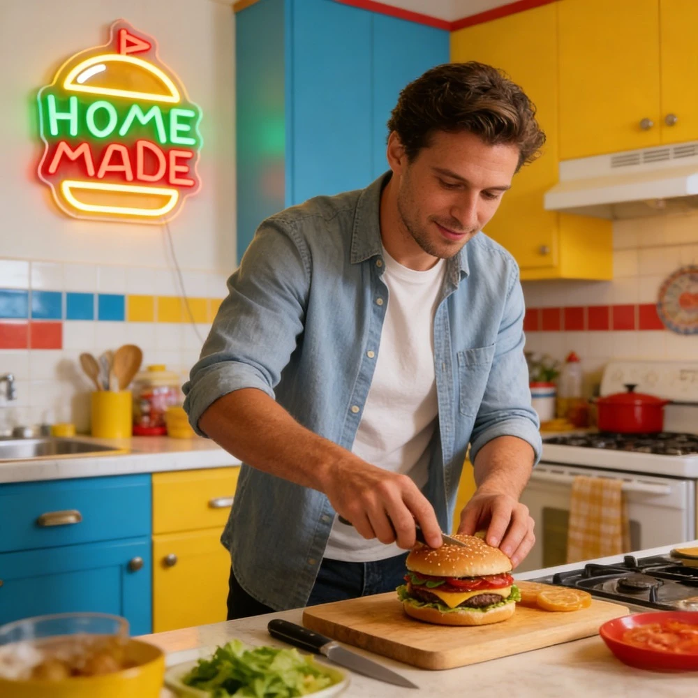 Home Made Burger Shaped LED Neon Sign Flag Dimmable Colorful USB Neon Light for Diner Wall Kitchen Fast Food Shop Party Decor