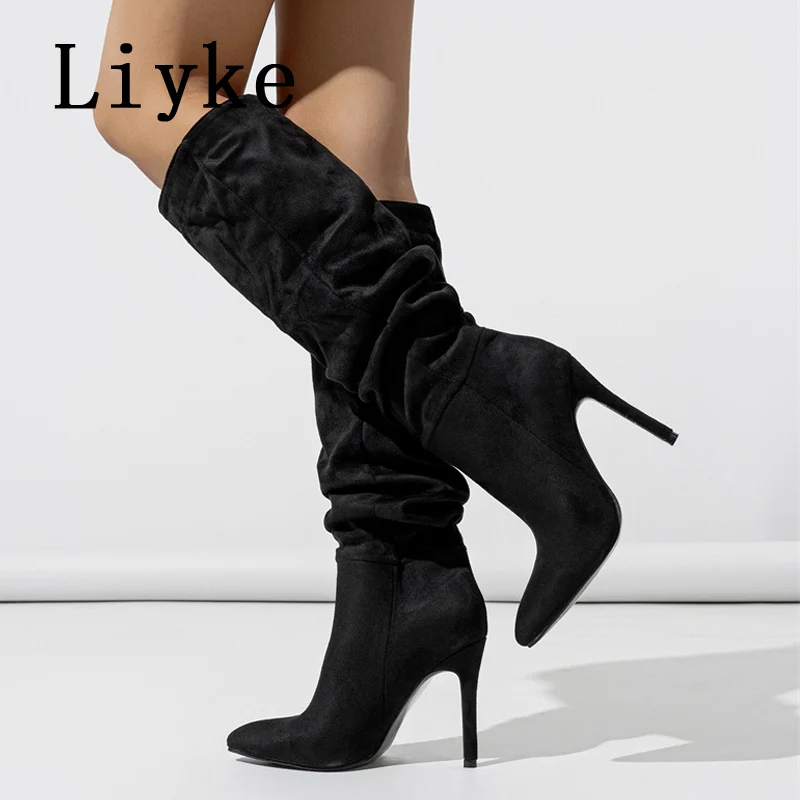 Liyke Sexy Pointed Toe Motorcycle Knee High Boots Women Fashion Pleated Autumn Winter Pink Long Shoes High Heels Botas Mujer