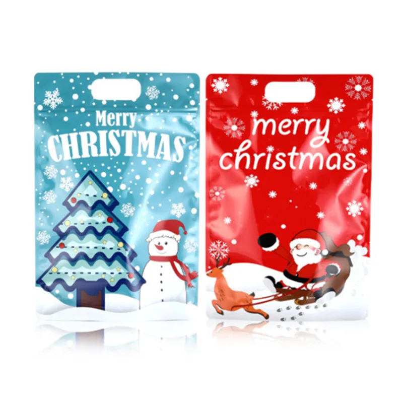 

10~100PCS Translucent Red Blue Merry Christmas Ziplock Handle Bags Xmas Wedding Gifts Socks Snack Sugar Toys Packaging Pouches