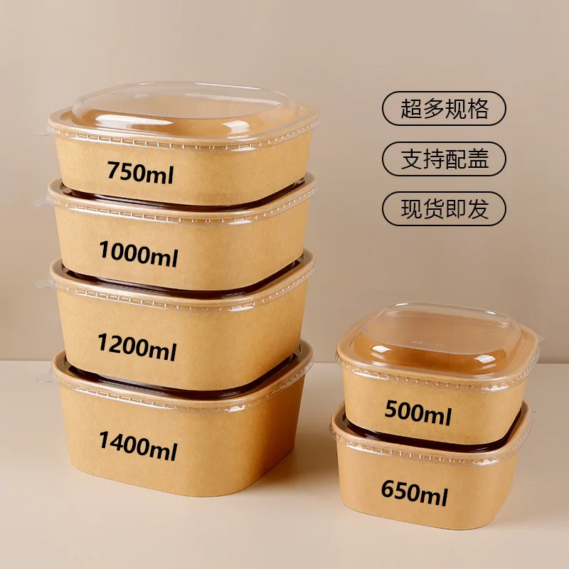 Customized. Takeaway Kraft Paper to-Go Box Disposable Square Paper Bowl Factory Printable Lunch Box Fruit Salad Packaging Paper