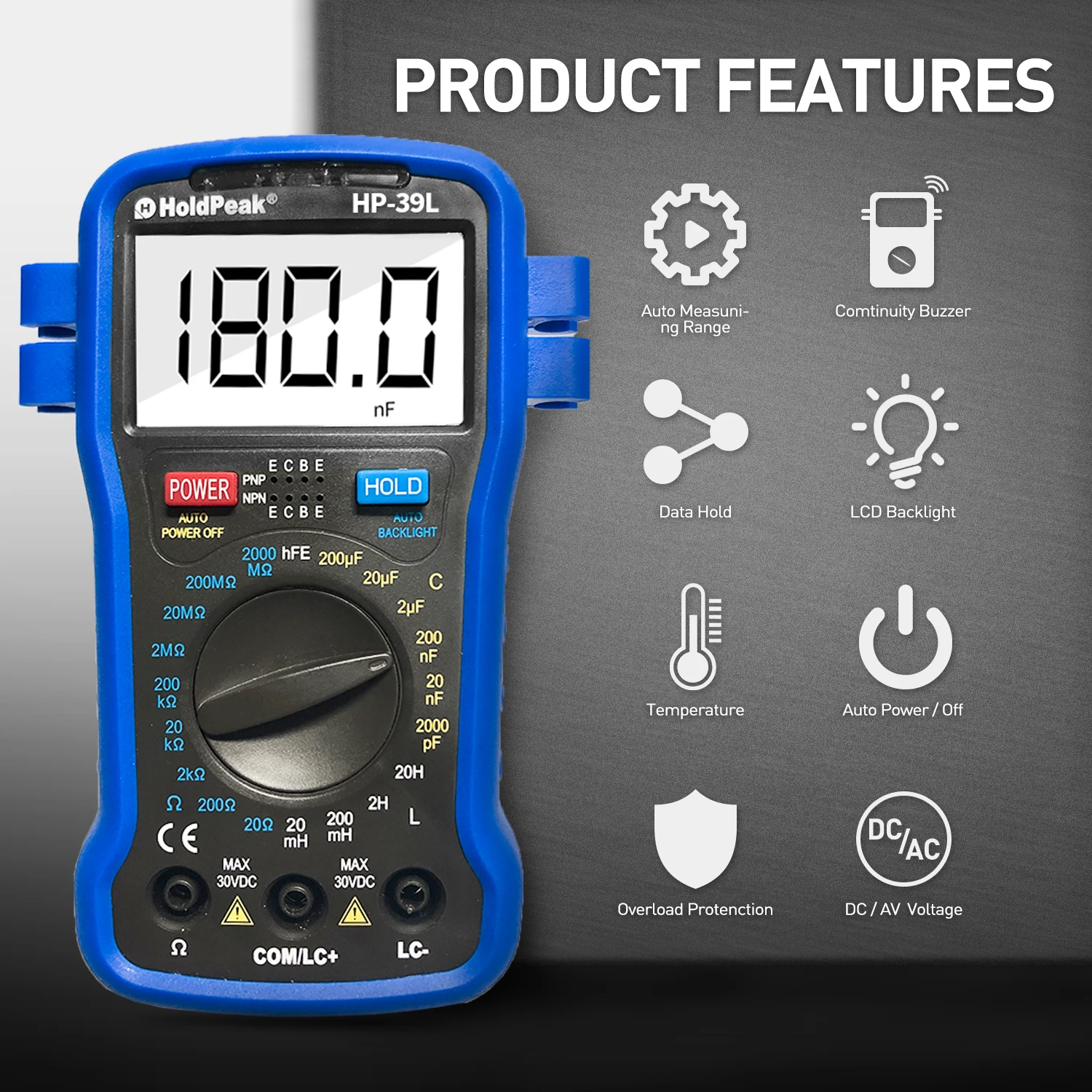 

HoldPeak HP-39L 3.5 Digit LCR Multimeter 1999 Counts Handheld Tester RCL Transistor hFE Electronic Component Repair Testing Tool