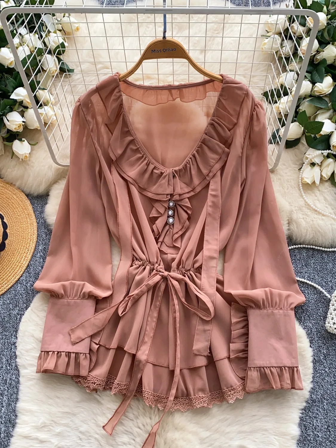 Court Sle V-Ne مطرز طويل Sve irt المرأة رقيقة الشيفون irt الخصر cinched جرس Sve الربط موسم الخريف