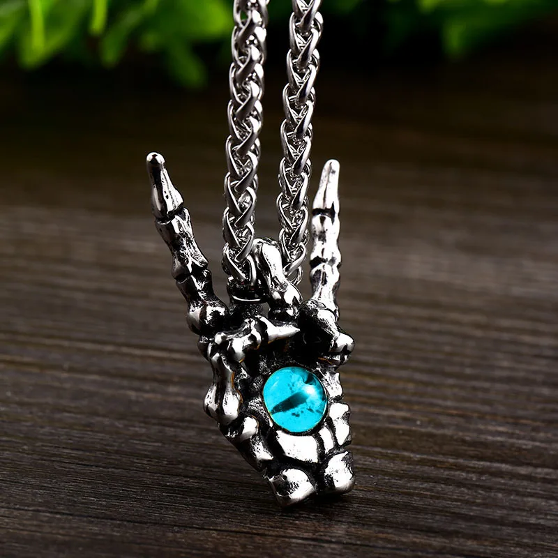 Gothic Blue Devil Eyes Skeleton Hand Necklace Men's Biker Ride Rock Halloween Party Jewelry