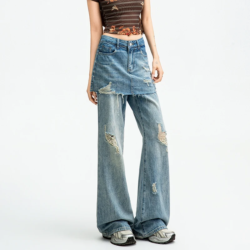 Women Fake Skirt Jeans High Waist Ripped Frayed Flared Denim Pants 2 In 1 Skirt Overlay Vintage Grunge Y2K Streetwear Loose Fit