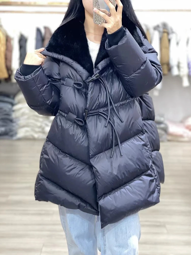 Warm Winter Women  Goose Down Coats Natural Real Mink Fur Collar Thick Coat Female Outwear Puffer Jackets