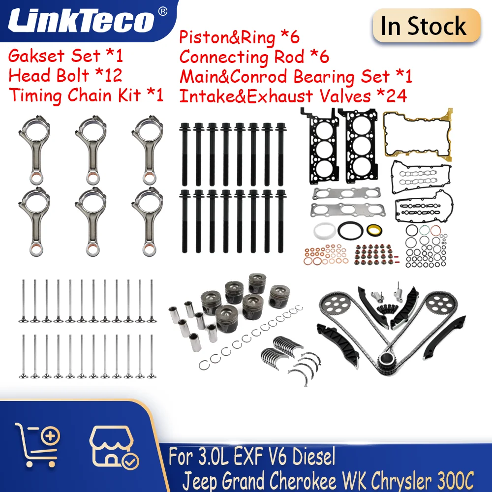 

Engine Piston Set Conrod Full Gasket Set 3.0 L Diesel V6 11-16 For JEEP Grand Cherokee Ram 1500 EXF EXN 3.0L Overhaul Repair Kit