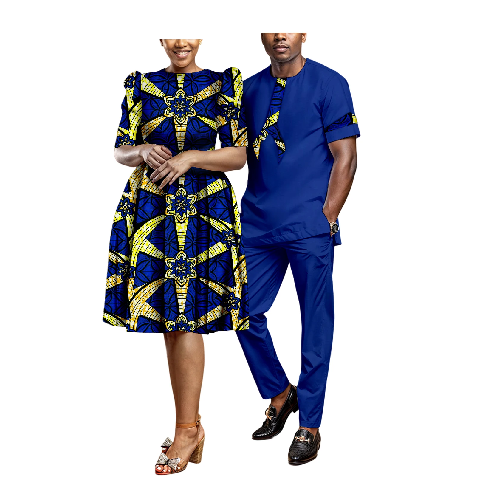 African Couples Matching Outfits Sets Dashiki African Suit for Men 2 Piece Set and Women Print Wax Dress Party