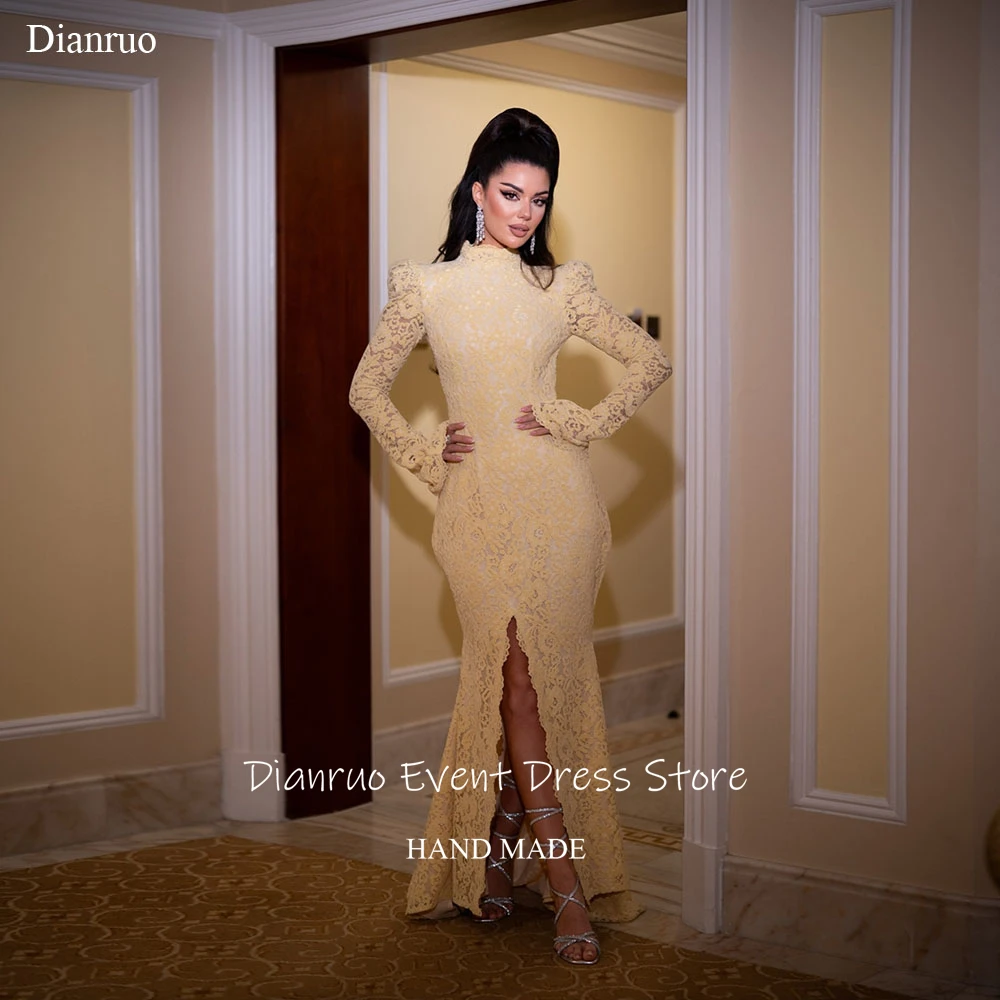 Dianruo jaune col haut Robe De Soirée longue haute fente Vestido Festa Appliques moderne découpé dentelle Robes De Soirée personnalisé