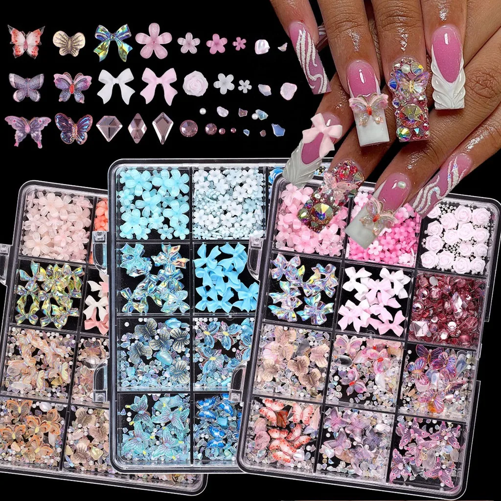 12 Grids Mixed Nail Art Decorations Set Resin 3D Butterfly Bows Flowers Rhinestones Bedazzling Kit for DIY Crafts Nail Art Decor