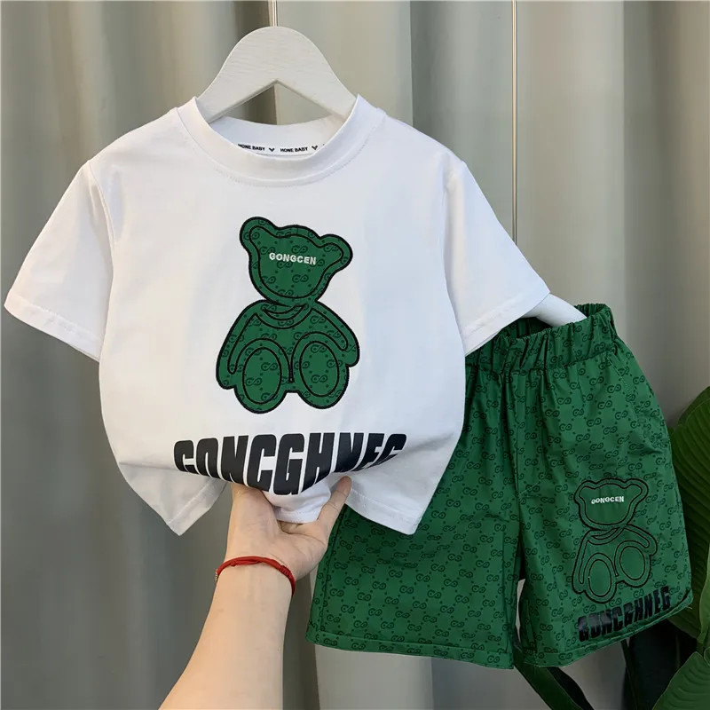 Children Boy Clothes Set Kid Girls Cartoon Bear Tshirts and Shorts 2 Pieces Suit Baby Letter Print Top Bottom Suit Tracksuits