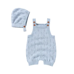 Newborn Baby Rompers 0-18m Solid Color Sleeveless Knit Infant Unisex Cotton Jumpsuits Hats Outfits 2pcs Toddler Boys Girls Wear