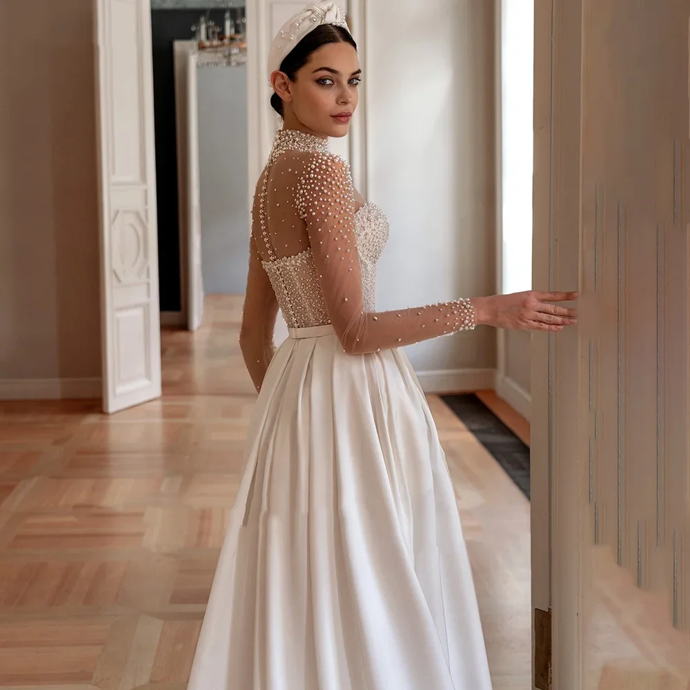 ヴィンテージ恋人ハイネックパールウェディングドレス長袖 A ラインボールドレスサテンホワイトプリンセスウェディングドレスカスタマイズ