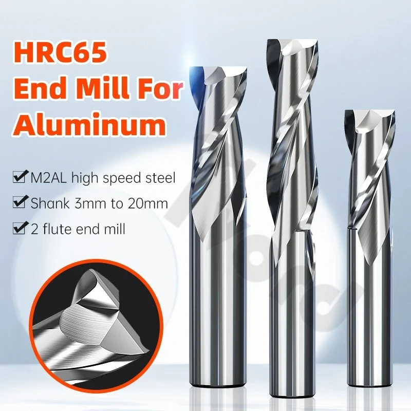 HRC65 Milling Cutter for Aluminum M2 End Mill Carbide 2 Flute Milling Cutter Spiral Router Bit CNC End Mill 4 6 8 20mm