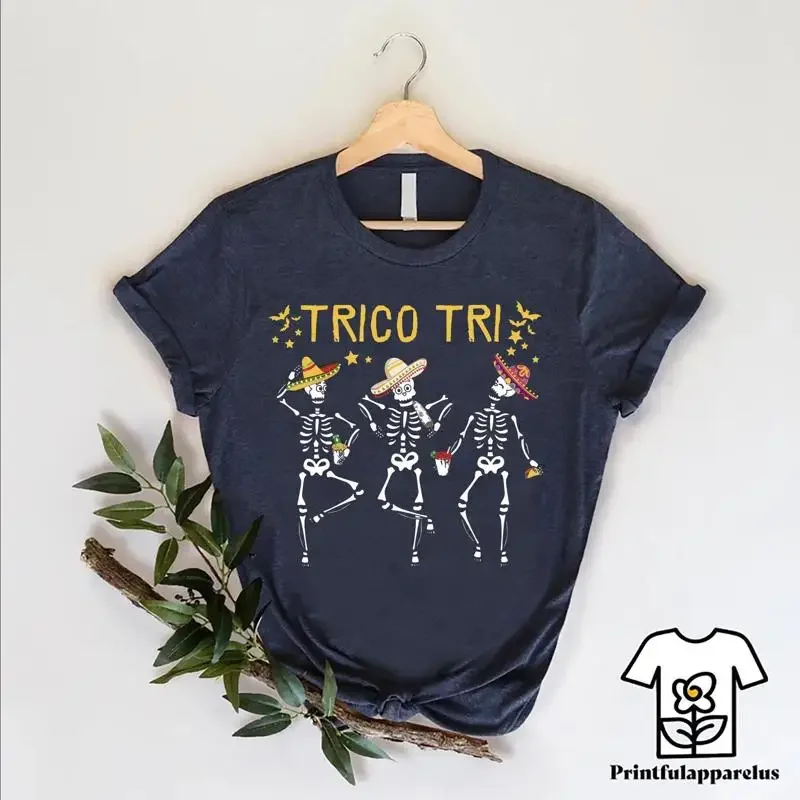 Trico Tri T Shirt Dancing Mexican Skeleton Latina Halloween Dia De Los Muertos Funny Spanish Gift Day Of The Dead