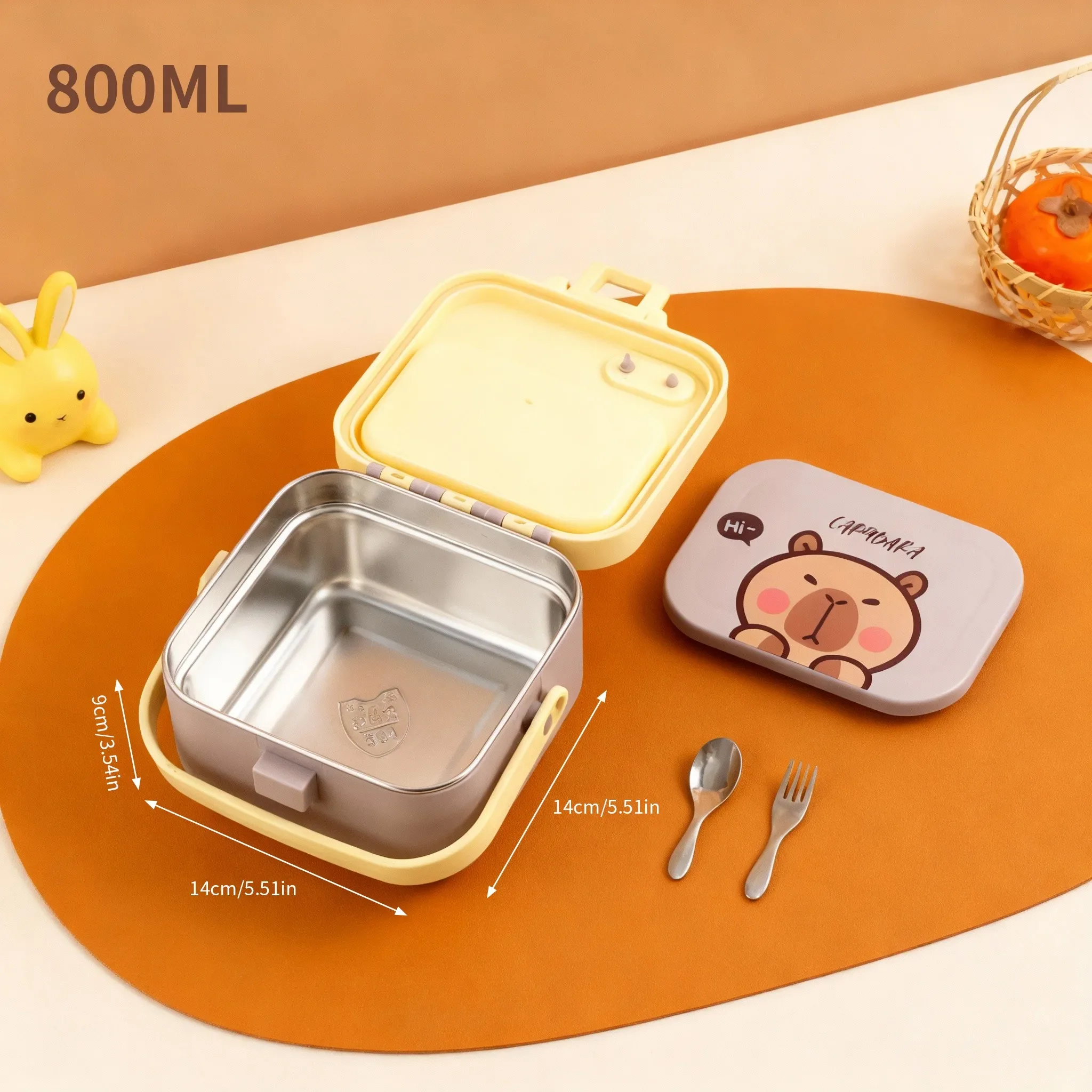 Afneembare, dubbele laag, roestvrijstalen lunchbox (304) voor kinderen, draagbaar, handzaam, schattig ontwerp, inclusief vork en lepel, geschikt voor gebruik in de magnetron.