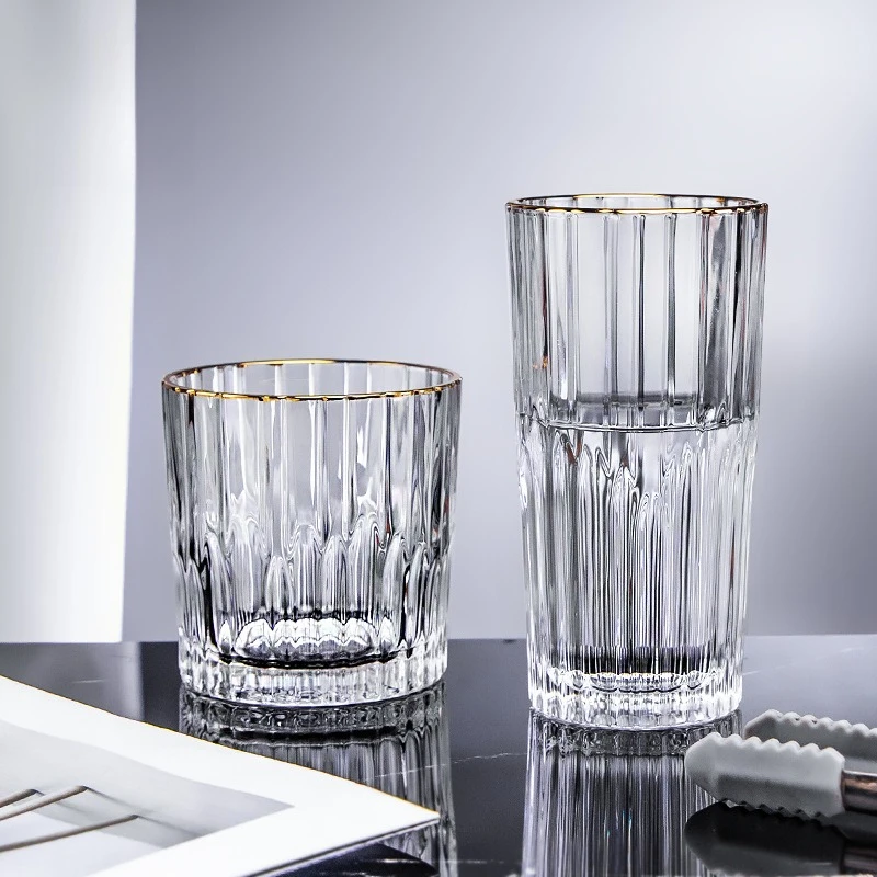 Vintage Striped Glass Coffee Cup Latte Mug Whiskey Ice Ball Cup Retro Americano Glassware