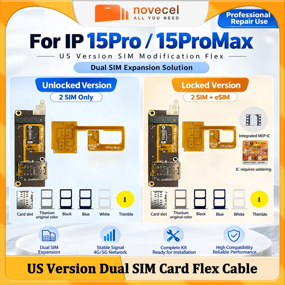 Wylie Dual SIM Conversion Flex Cable For iPhone 15Pro 15 Pro Max US Version Physical 2 SIM Card Slot eSIM Adapter Repair Kit