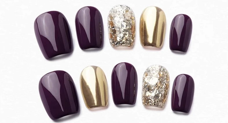 

Purely Handmade Nail Grape Purple Magic Mirror Powder To Show White Nail Art Purple Gold String with Daily Nail Pads