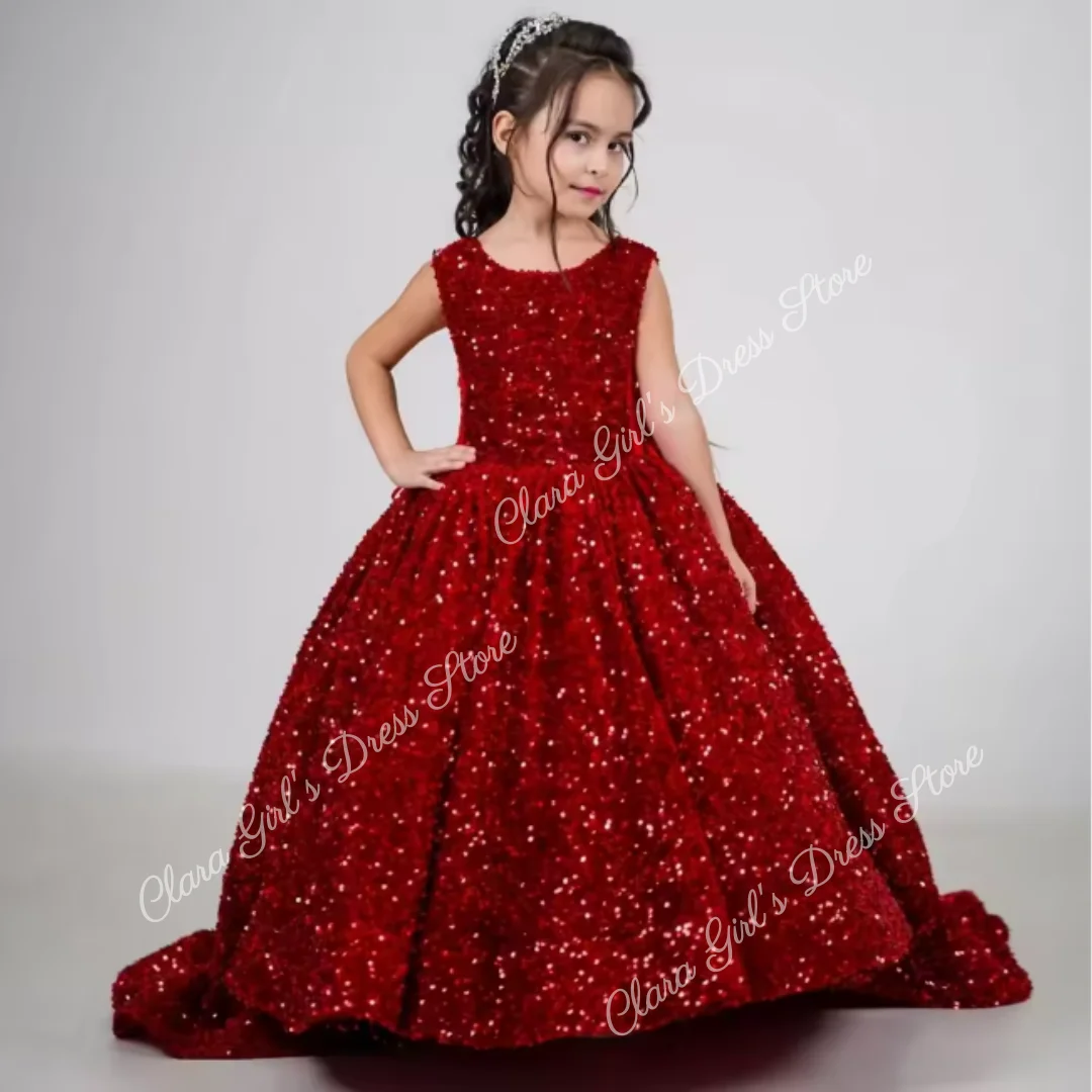 Shiny Flower Girl Wedding Dress Sleeveless Baby Toddler Birthday Dress with Bow First Communion Dress Customizable