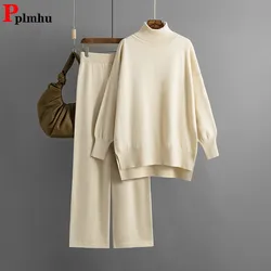 Korean Solid Knitted 2 Piece Sets Women Turtleneck Long Sleeve Knitwears Sweater Tops Suits Casual Wide Leg Pants Conjuntos New