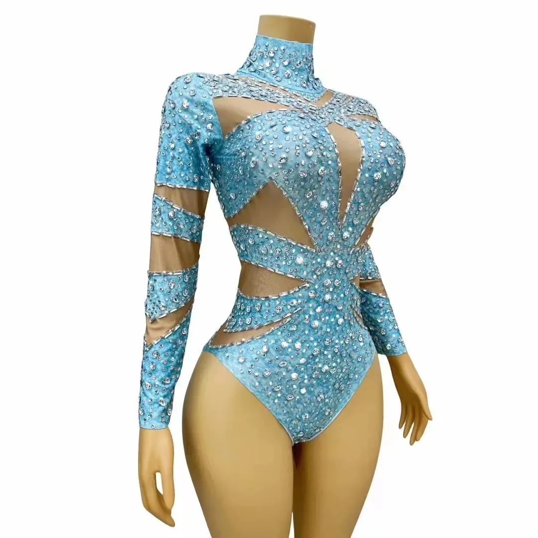 

Summer New Light Blue Jumpsuit Seaside Holiday Ball Dancing Dress Singer Costume Slim Temperament Disco Rhinestone Mesh Bodysuit