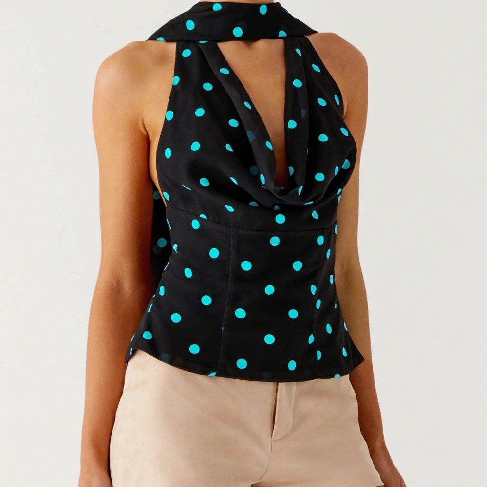 セクシーな水玉模様のプリントベスト、女性用、y2kヴィンテージ、バックレス、ホルターネック、vネック、スキニー、ベーシック、シックなタンクトップ、スカーフ付き、ビーチパーティーに