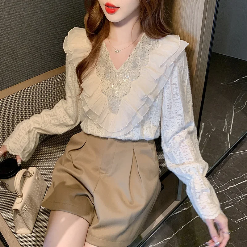 OCEANLOVE Ruffles Lace Blouses Autumn Winter Korean Fashion V Neck Sweet Women Shirts Elegant Vintage Chic Blusas Mujer