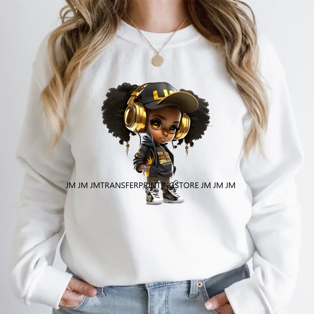 Personalidade Hip Pop Street Black Girl Iron On Thermal DTF Adesivos Transferência de calor Impressão Pronto para pressionar Para T-shirts